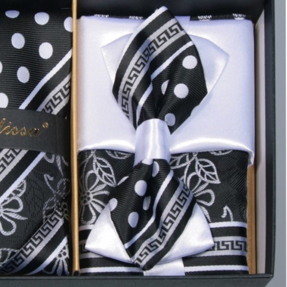 6 Piece White Dots on Black Necktie & Bow Tie Set - Picture 4 of 6
